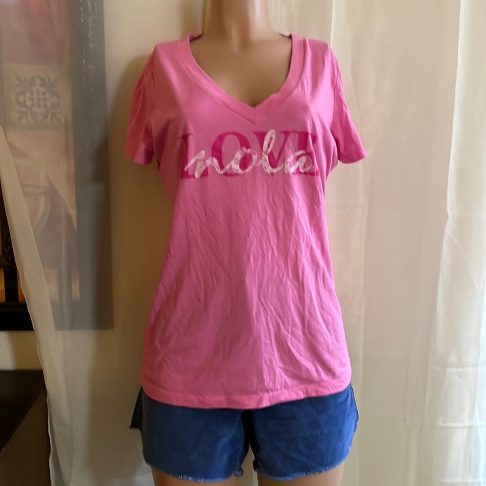 Next Level Pink “LOVE” T shirt. Next Level Baby Rib Knit Deep V-Neck T-Shirt